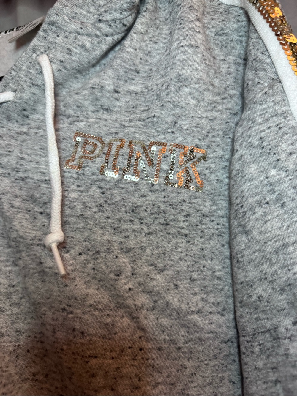 PINK Victoria's Secret Gray Lace-Up Hoodie with Gold Sequin Stripe - Picture 5 of 5